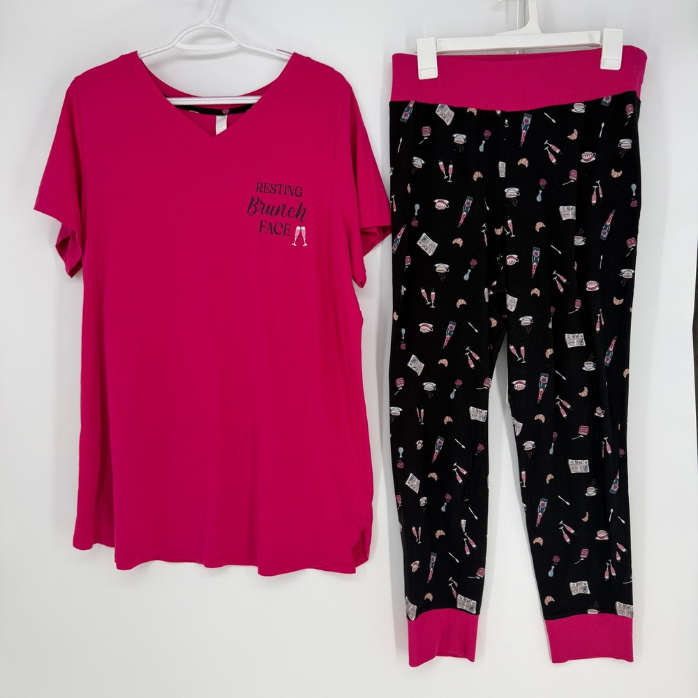 Sleep by Cacique Pajama Set Womens 14/16 Pink Resting Brunch Face‎ Novelty PJs